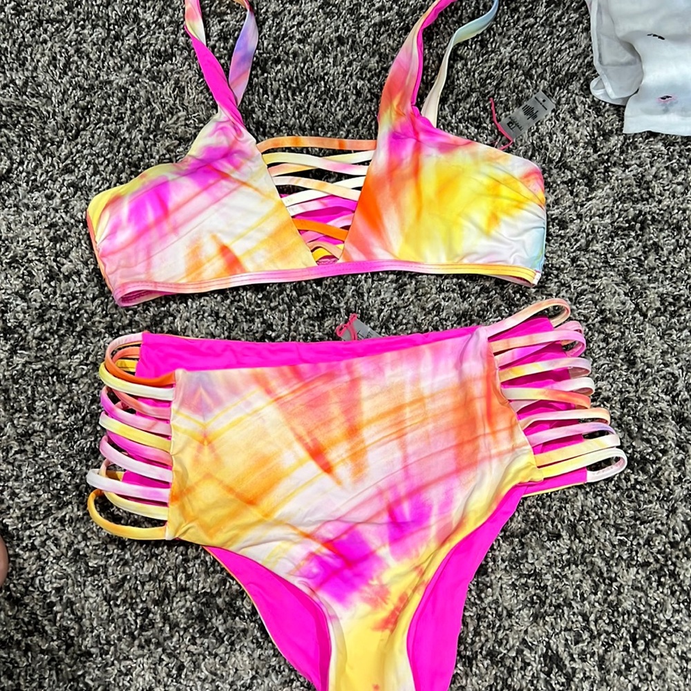 Tie dye two piece bikini, supportive top, covered bottoms
